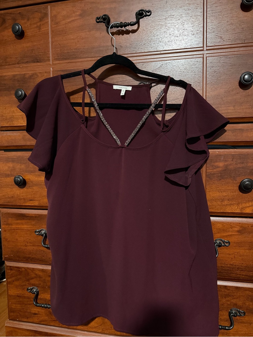Maurices Plum Cold-Shoulder Ruffle Top with Strappy Neckline